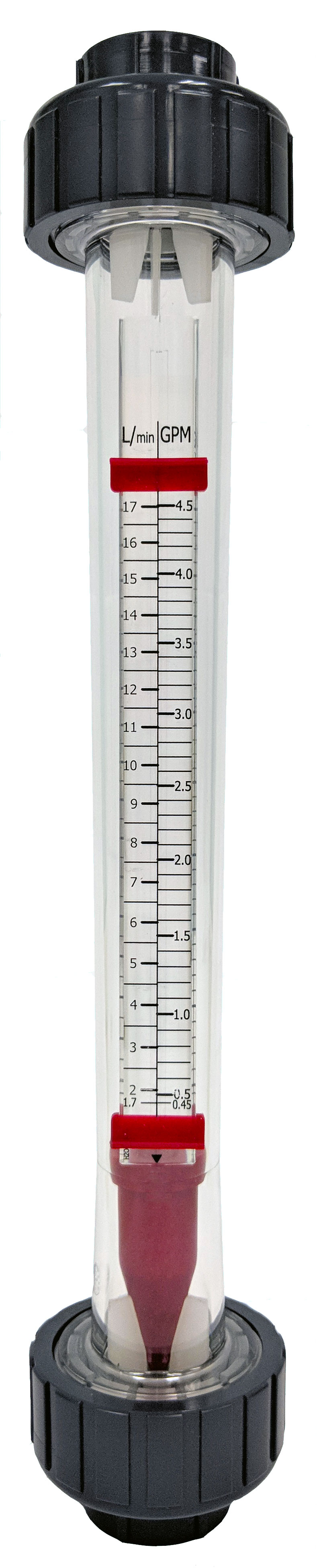 Rotameter with red float and dual graduations